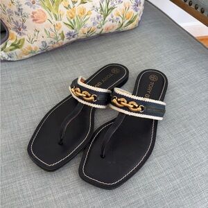 Tory Burch Jess Navy leather Sandals with Gold  Accent SZ 8.5
